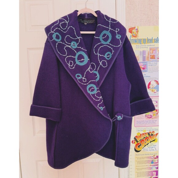 Boiled Wool  womens 2X-3X Purple Embroidered Coat One Button - Picture 1 of 9